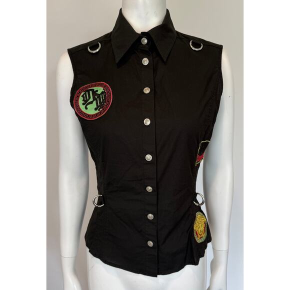S/S 2005 Versace by Donatella Black Cotton Chaos Couture Patch Sleeveless Top - Picture 1 of 10